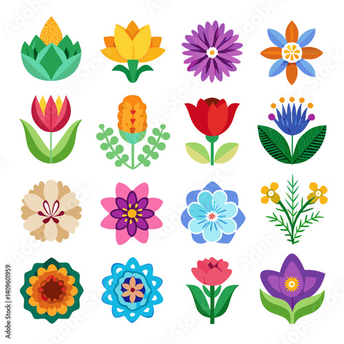 Set of colorful floral designs in flat style