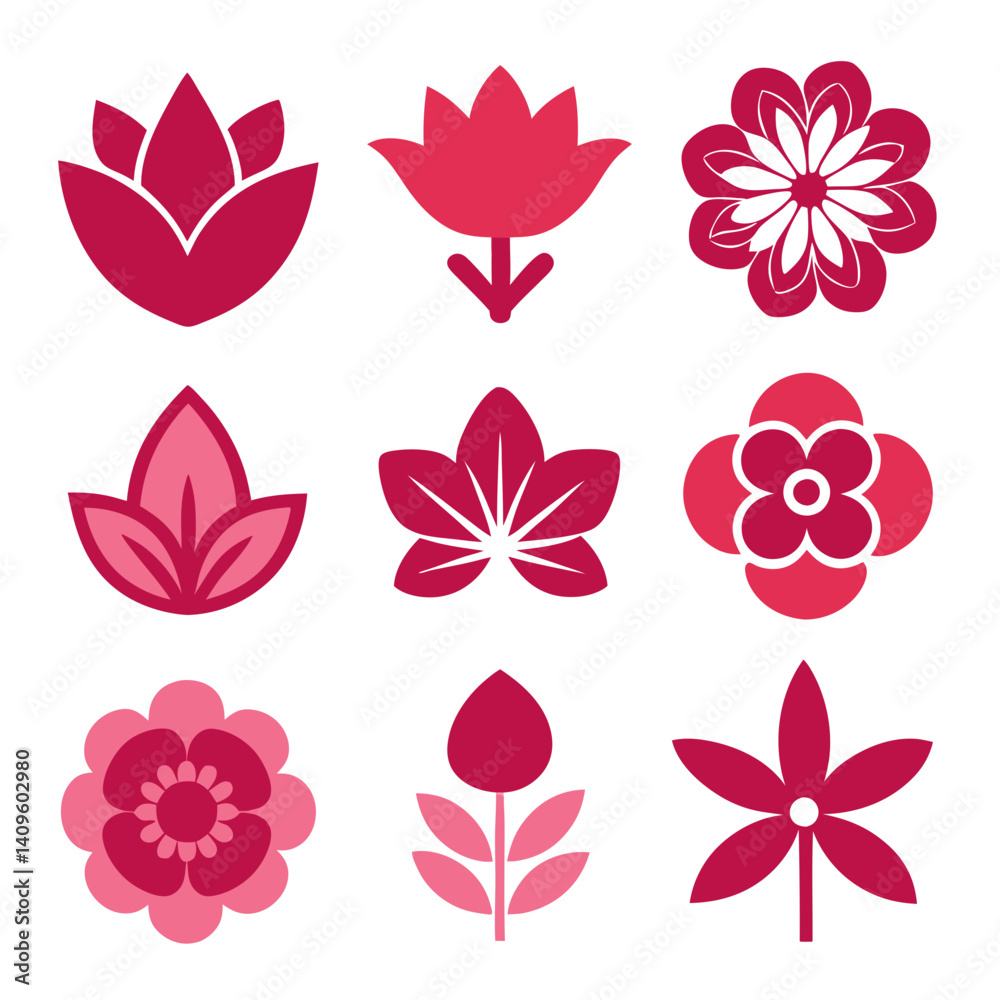 Nine pink flower design elements floral illustration vector Nine pink flower design elements floral illustration vector