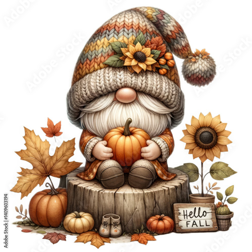 Behold the autumn gnome, a whimsical harbinger of the harvest season Adorned in a knitted hat and autumnal hues, this charming character is seen nestled amongst fallen leaves and vibrant sunflowers