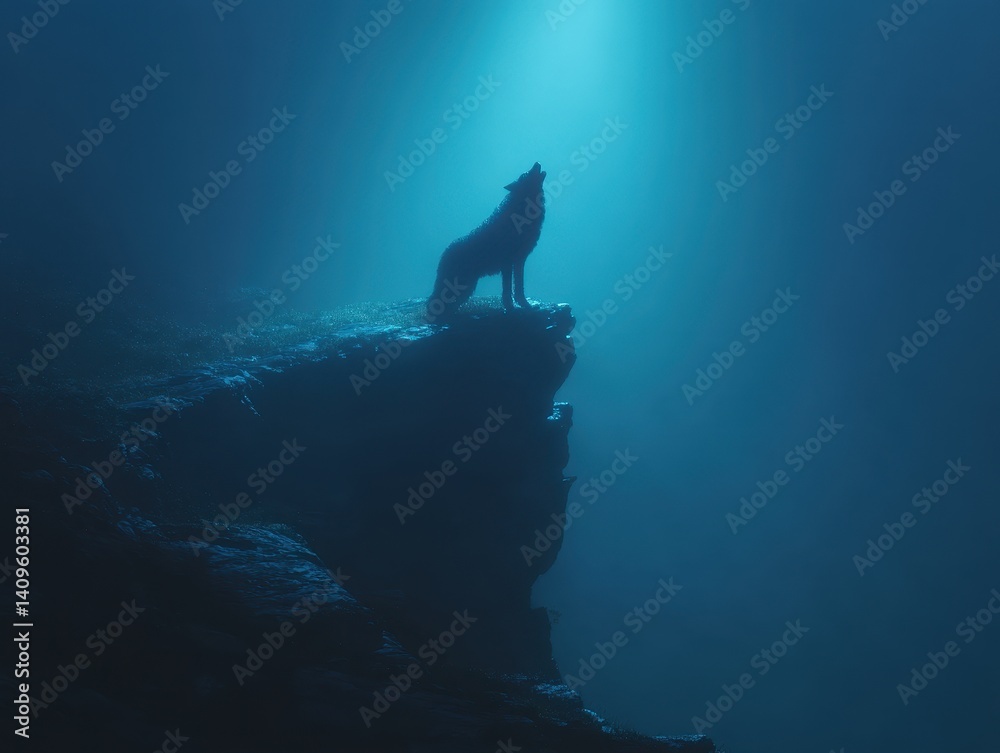 Fototapeta premium Solitary howl echoes in the night. A single wolf stands atop a misty cliff, bathed in moonlight, its call piercing the silence.