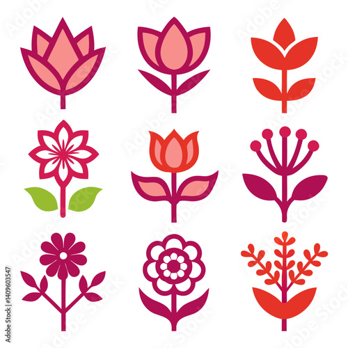 Collection of nine modern floral vector elements graphic