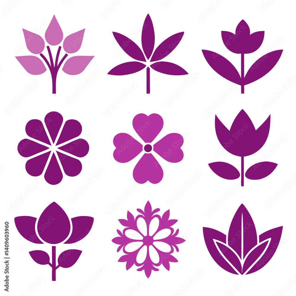 Elegant purple flower icons collection vector on white Elegant purple flower icons collection vector on white