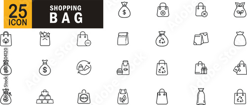 Shopping and eco bag icon outline set. Includes symbols of eco-friendly bags, money bags, paper packaging, recycle signs, discounts, and grocery packs.