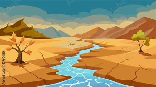 The dry and cracked riverbed was a grim sight indicating the severity of the drought and the lack of water in the region.. Vector illustration