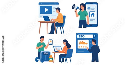 Digital Marketing Illustration with SEO, Social Media, Online Advertising, and Branding Strategy for Business Growth and Web Traffic Promotion