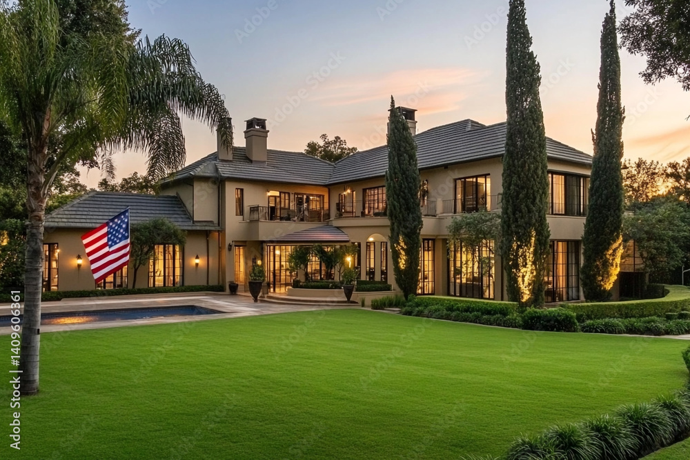 Fototapeta premium Luxurious home sunset view peaceful evening American flag