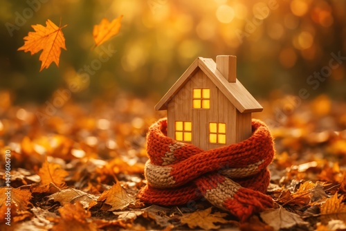 A miniature wooden house with glowing windows is nestled among fallen leaves, wrapped in a cozy scarf during autumn. Concept of: Autumn warmth.