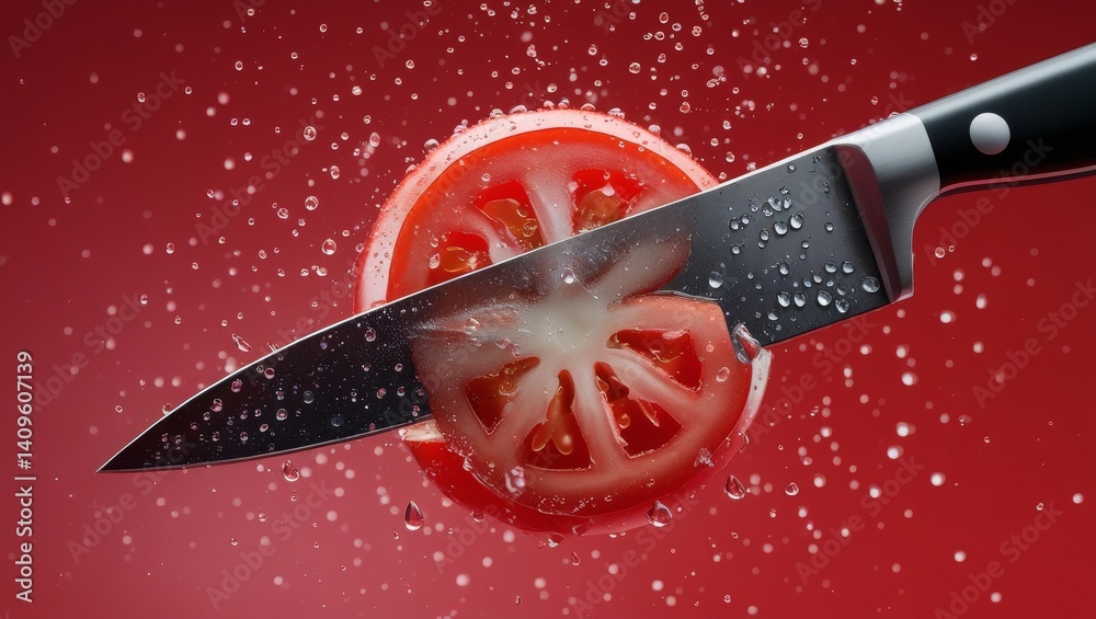 Knife cutting a tomato in half while the water on it splashes to the sides. Ai generative image. Kitchen knife and tomato. Red backrground.