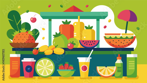 Brightlycolored fruits and freshlychopped ingredients await at the tropical smoothie stand.. Vector illustration