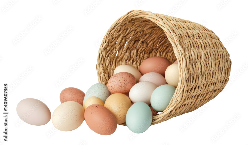 PNG Real overturned straw basket eggs colorful pastel.