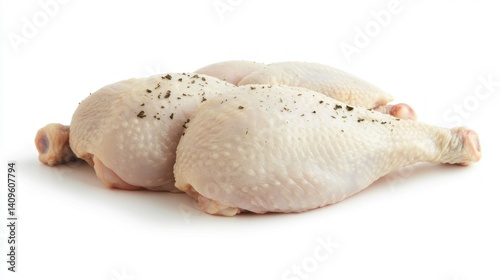 Three raw chicken drumsticks seasoned with peppercorns, isolated on white background.