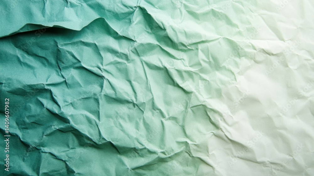 Fototapeta premium Abstract crumpled paper with a gradient of green to white, textured and wrinkled.