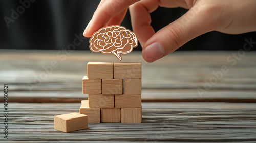 Brain Building Blocks: A hand carefully places a wooden brain icon atop a tower of blocks, representing the construction of knowledge, mental acuity, and innovative thinking.