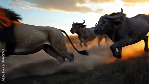 Buffalos Chasing Herd of Lion at Sunset in the African Savanna with Dramatic Skies and Dust Clouds