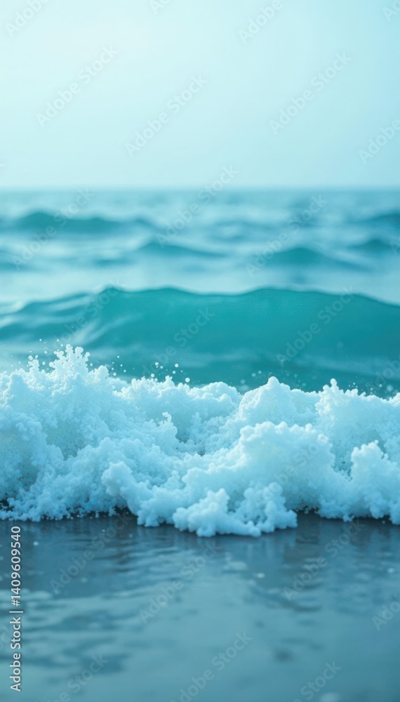 Obraz premium Tranquil ocean waves in soft focus with a misty blue atmosphere gradating to pale turquoise, ocean, gradient