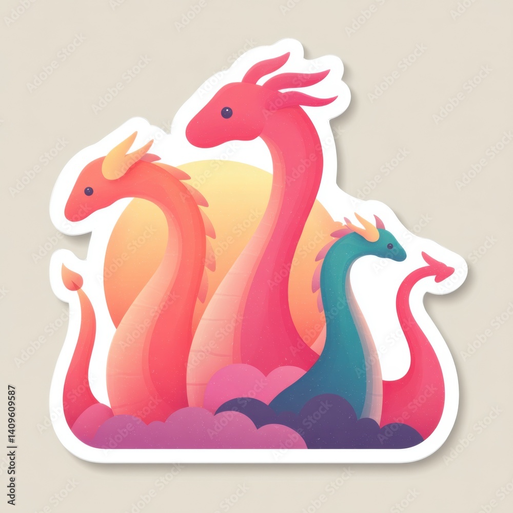 Fototapeta premium Colorful dragon illustration with a sunset background, featuring multiple stylized dragons.