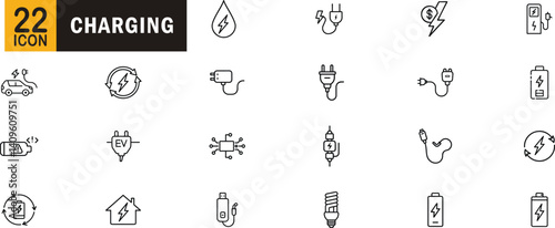 Charging editable outline icon set. Battery energy plug power ev usb and more.
