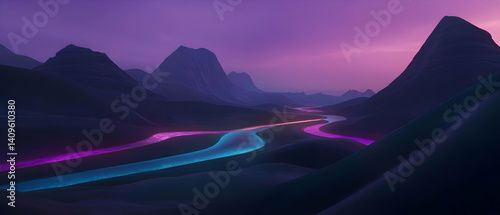 Neon river winding through a purple-hued mountain valley at dusk