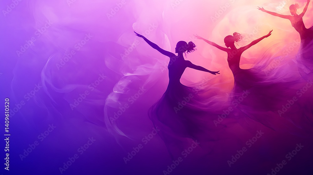 A vibrant International Dance Day theme with softly glowing dancers and movement swirls over a rich purple gradient, macro shot, Minimalist style