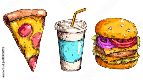 Illustration set depicting colorful pizza slice, beverage cup, and hamburger stacked with fresh vegetables and condiments