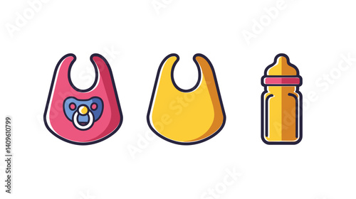 Cute illustration set featuring three baby items including bibs and a bottle for essential infant care