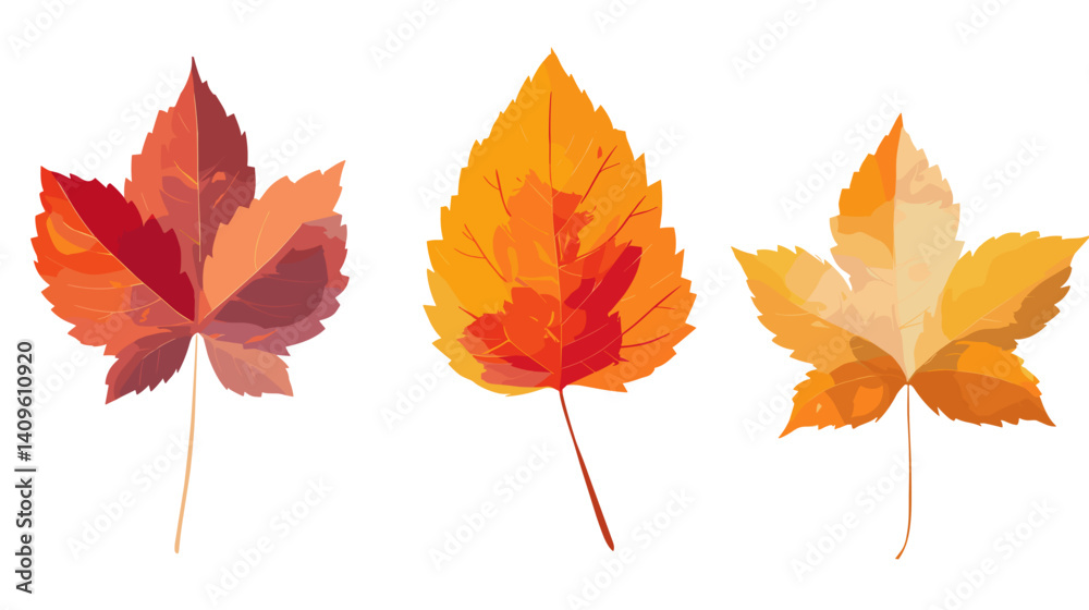 Colorful illustration set of three autumn leaves showcasing the beauty of fall foliage and nature's seasonal transition Colorful illustration set of three autumn leaves showcasing the beauty of fall foliage and nature's seasonal transition