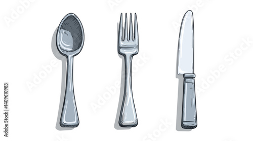 Stylized representation of essential kitchen utensils featuring a spoon, fork, and knife arranged in a playful design