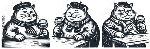 Vector set featuring three French cats in berets and scarves, holding glasses of wine. Whimsical illustration. Humorous, pet and france themed design.