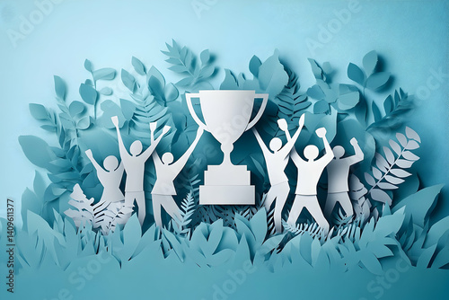 Celebratory paper cutouts of triumphant figures surrounding a trophy.