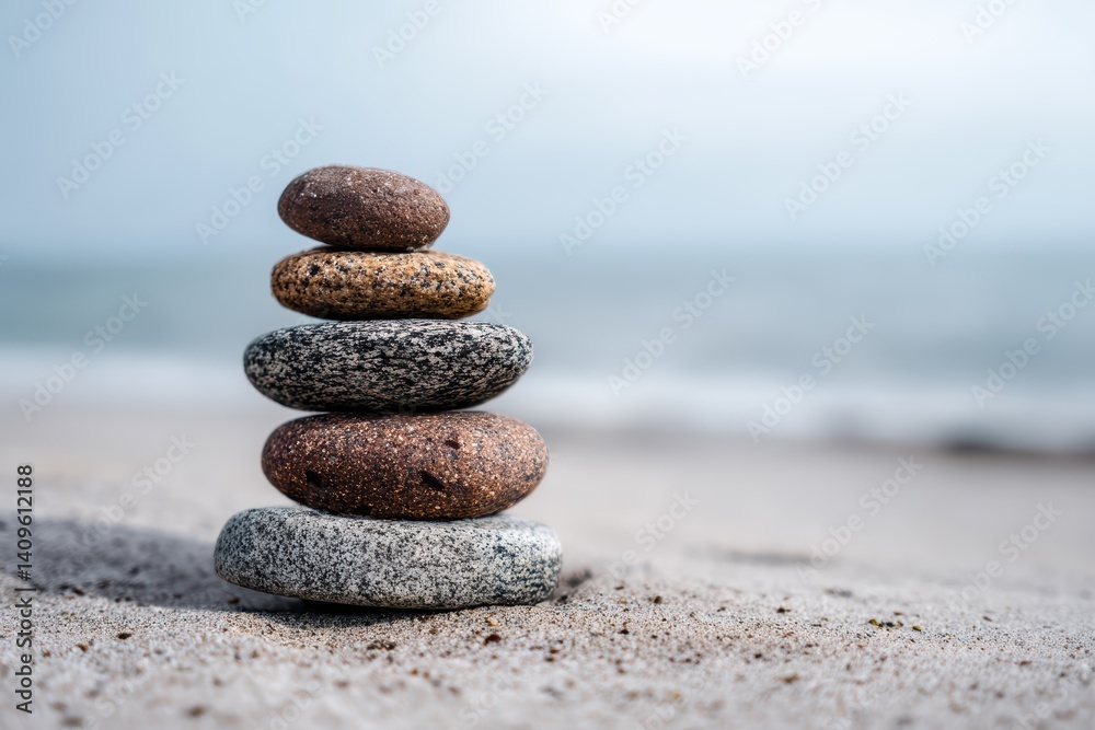 Zen Stone Stack on Serene Shoreline with Textured Rocks on Beach with Ocean View. Zen Stone Stack on Serene Shoreline with Textured Rocks on Beach with Ocean View.
