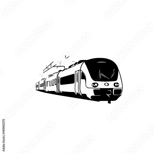 Front view of modern train in black and white illustration