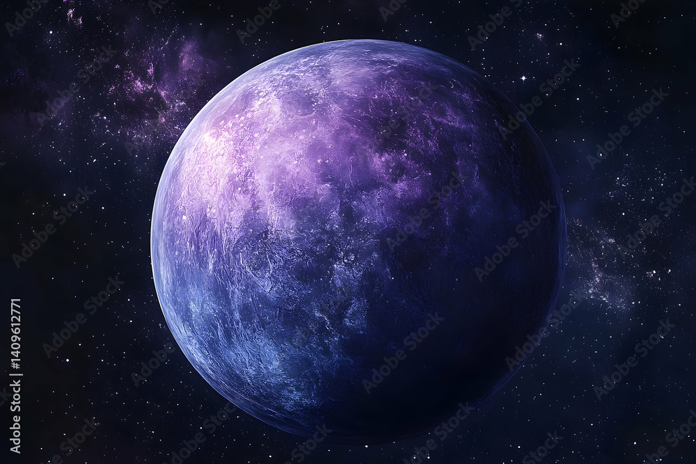 Fototapeta premium A vibrant, purple-toned planet orbits in a cosmic expanse.