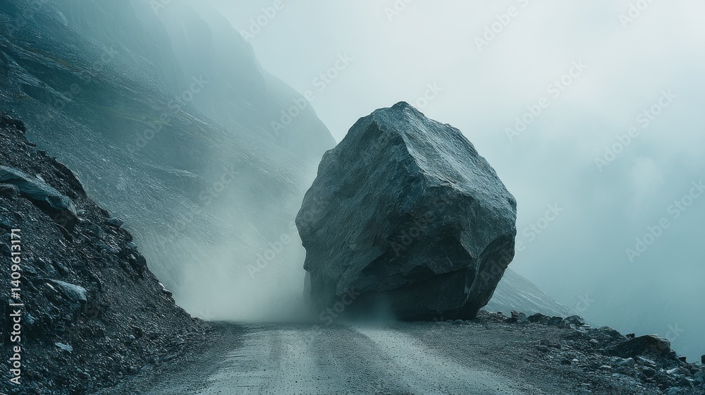 A colossal boulder blocks a misty mountain road, symbolizing natural power and isolation.