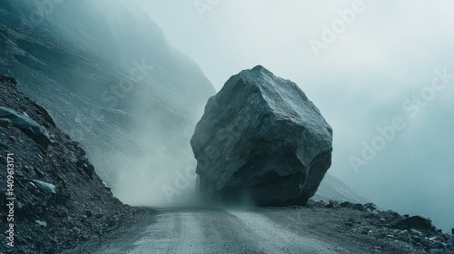 Obraz na płótnie A colossal boulder blocks a misty mountain road, symbolizing natural power and isolation. w salonie