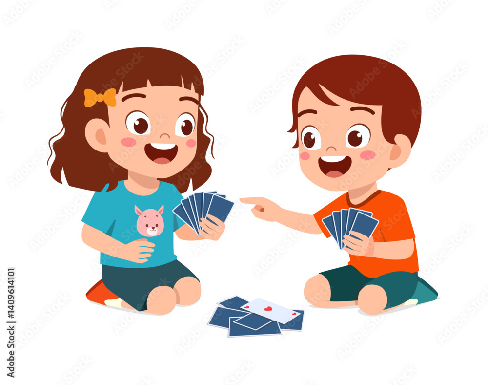 Happy Children Playing Card Game Together Sitting on Floor with Smiling and Laughing