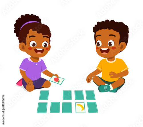 Two Happy Children Playing Matching Game with Cards on the Floor, Smiling and Having Fun