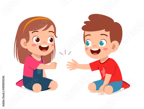 Two Smiling Children Playing Rock Paper Scissors Game Sitting on The Floor, Cartoon Style