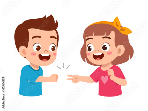 Happy Girl and Boy Playing Rock Paper Scissors Hand Game with Smiling Expression in Cartoon Style