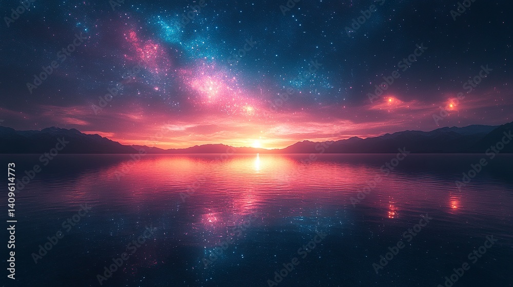 Nightfall over reflective lake with vibrant stars and glowing horizon light, cinematic wide shot, ethereal and moody vibe Nightfall over reflective lake with vibrant stars and glowing horizon light, cinematic wide shot, ethereal and moody vibe