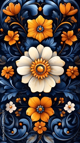 Bold Floral Mobile Wallpaper  White Flower with Orange Center on Dark Blue | Aesthetic 4K Phone Background

