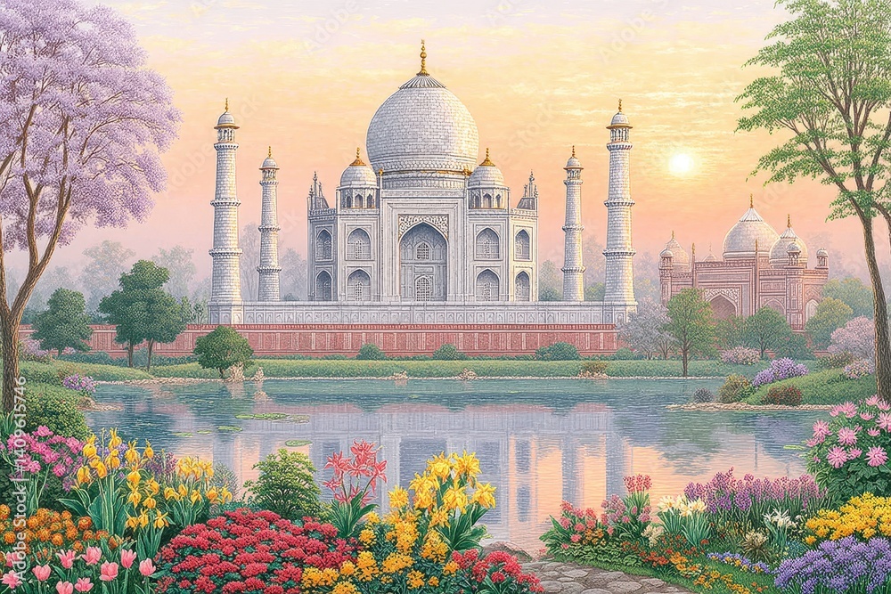Obraz premium Sunrise over the Taj Mahal in India A Serene Morning View