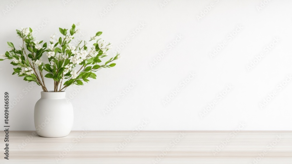 Simple white vase with spring flowers on a light wooden surface against a white wall Simple white vase with spring flowers on a light wooden surface against a white wall