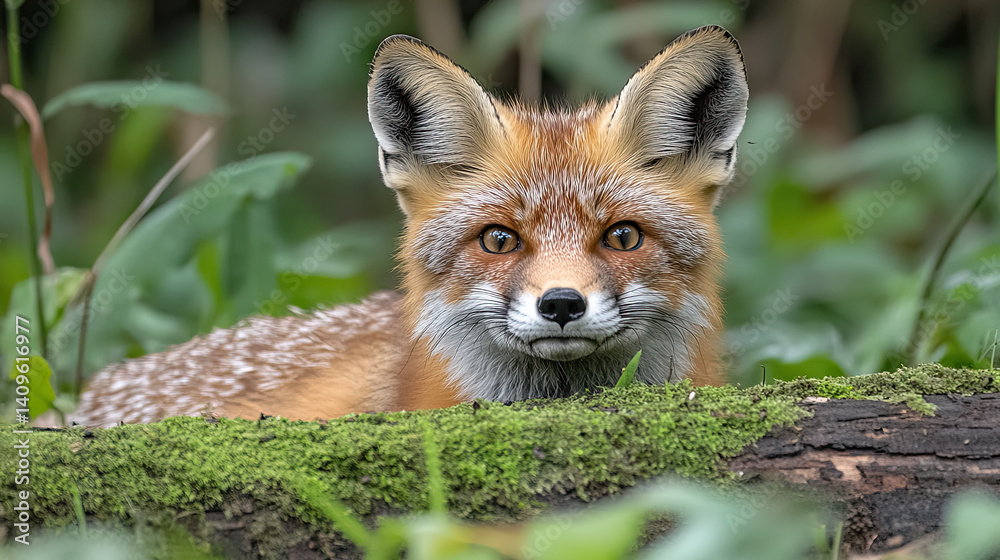 Naklejka premium curious fox with bright eyes, partially hidden among moss