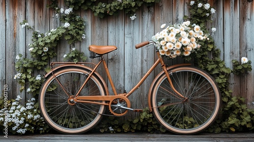 Old-fashioned bicycle with brown leather seat and floral arrangement, set against vertical planks and greenery, peaceful outdoor composition 