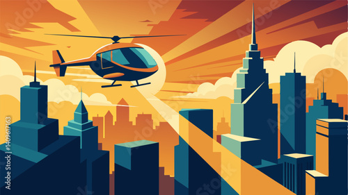 The wind picked up as the air taxi soared towards the gleaming towers of the metropolis casting shadows over the sunbleached streets below.. Vector illustration