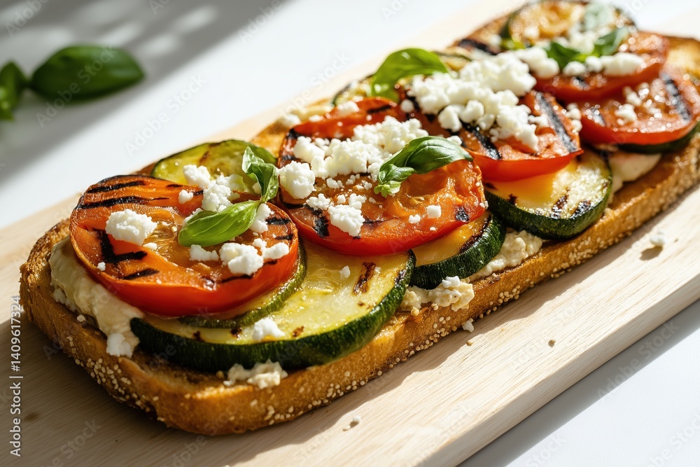 Open-faced sandwich topped with hummus grilled vegetables and feta cheese on wooden board Open-faced sandwich topped with hummus grilled vegetables and feta cheese on wooden board