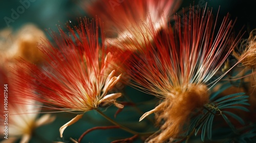 Vibrant red blooms with intricate tendrils stand out against a blurred backdrop, showcasing nature’s vivid palette and intricate beauty.