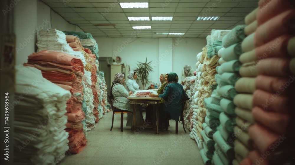 Obraz premium Workers gather in a textile shop, surrounded by colorful fabrics, reflecting the essence of collaboration and craftsmanship in a vibrant setting.