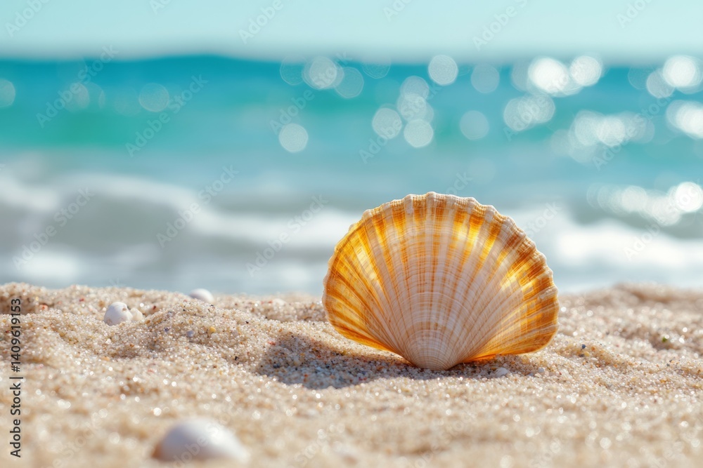 Seashells and starfish on sandy beach shoreline. Artificial Intelligence image Seashells and starfish on sandy beach shoreline. Artificial Intelligence image