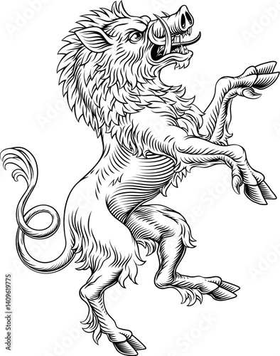 A heraldry coat of arms crest style rearing heraldic boar standing on hind legs in a vintage woodcut style
